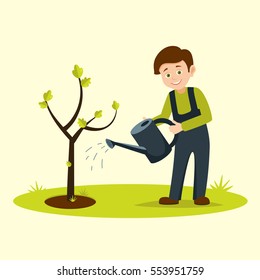 ilustración vectorial boy watar.eco .  voluntarios plantando un árbol joven, la imagen sobre temas ambientales