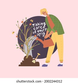 Boy is watering young tree by watercan. Quote Taking care of every sprig. Isolated on white background. Flat, cartoon, vector illustration. Caring for and educating young people. Metaphor in lettering