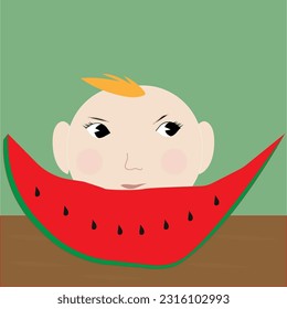boy with watermelon on green background