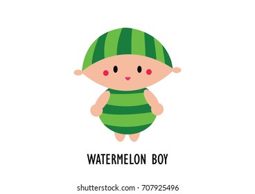 A boy in watermelon swimming suit and hat
