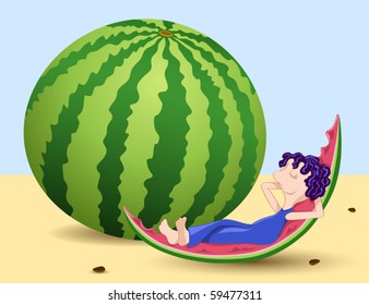Boy and watermelon. Vector illustration.