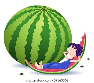 Boy and watermelon. Vector illustration. On white.
