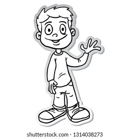 boy wave sticker black and white cartoon illustration isolated on white