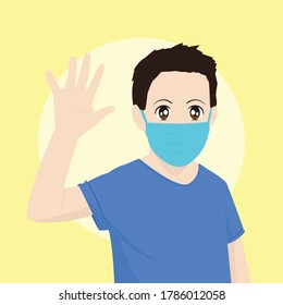 the boy waved his right hand, while wearing a mask