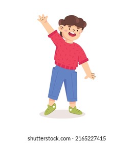 Boy waves his hand in greeting. Hello sign. Happy kids collection. Vector illustration isolated on white background