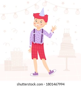 El chico está saludando a mano y sonriendo. Cartel de bienvenida para la fiesta. Invitación de cumpleaños