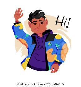 Boy waving hand. Man gesturing hi. Colored flat vector illustration isolated on white background