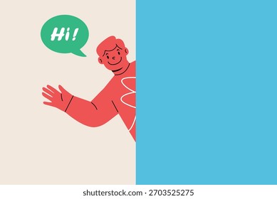 Garoto acenando com a mão. Balão de fala oi. Ilustração vetorial colorida 
