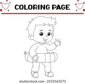 boy is waving hand wearing swimming tire coloring page for kids