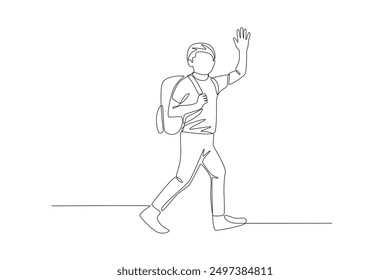 A boy waving as he leaves for school. Back to school concept one-line drawing