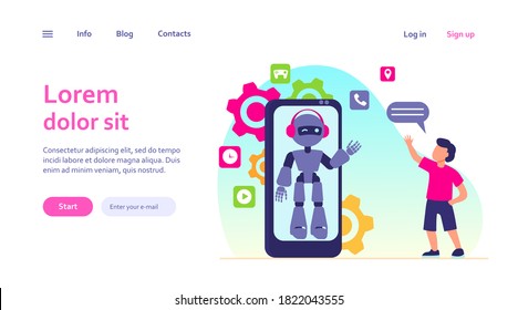 Boy waving hello at humanoid on smartphone screen. Chat bot, virtual assistant, mobile phone flat vector illustration. Technology, childhood concept for banner, website design or landing web page
