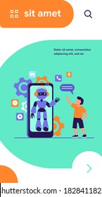 Boy waving hello at humanoid on smartphone screen. Chat bot, virtual assistant, mobile phone flat vector illustration. Technology, childhood concept for banner, website design or landing web page