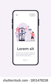 Boy waving hello at humanoid on smartphone screen. Chat bot, virtual assistant, mobile phone flat vector illustration. Technology, childhood concept for banner, website design or landing web page