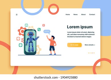 Boy waving hello at humanoid on smartphone screen. Chat bot, virtual assistant, mobile phone flat vector illustration. Technology, childhood concept for banner, website design or landing web page