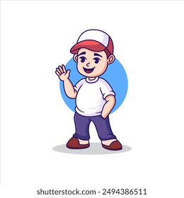 Niño que agita su mano usando la vista moderna del Vector del estilo