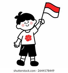 A boy waving the Indonesian flag with a red flower icon on his shirt. Perfect for celebrating Indonesia’s Independence Day, kids’ education, or national holidays.