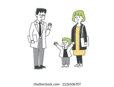  A Boy Waving To A Male Doctor, Making A Family Doctor, A Comical Handwritten Illustration Of A Person