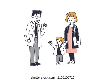  A Boy Waving To A Male Doctor, Making A Family Doctor, A Comical Handwritten Illustration Of A Person