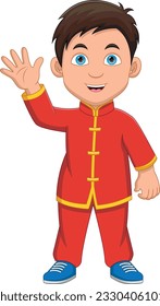 boy waving in traditional Chinese clothes