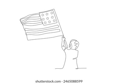 Boy waving the United States flag. 4th of july concept one-line drawing