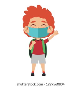 Boy waving wearing masks - Vector illustration design