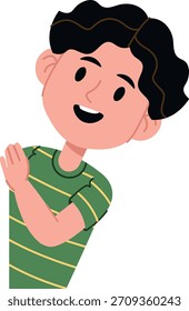 Boy with wavy hair peeks from side, striped tee, flat shading, clean lines. Youth leans, joyful face, cartoon style, bold shapes, smooth edges. Cartoon vector illustration