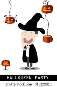 boy wear black shawl  transform to witch with black hat on Halloween party with ghost pumpkin hanging from ceiling Halloween monster costume character white background  trick or treat advertisement