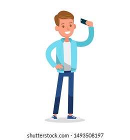 Boy wear blue jacket and playing mobile phone character vector design. no3
