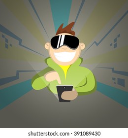 Boy Wear Digital Glasses Hold Cell Smart Phone Virtual Reality Cyber Play Video Game Vector Illustration