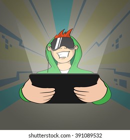 Boy Wear Digital Glasses Hold Tablet Computer Virtual Reality Cyber Play Video Game Vector Illustration