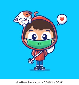 Boy Wear Mask With Cat Cartoon Vector Icon Illustration. Cat Lover Mascot Character. People Icon Concept White Isolated. Flat Cartoon Style Suitable for Web Landing Page, Banner, Flyer, Sticker, 