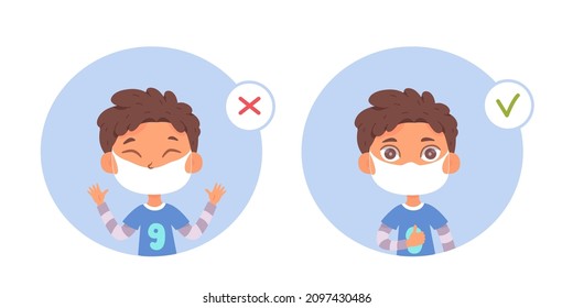 Boy wear protective face mask with proper and wrong way set of medical infographic vector illustrations. Child wearing surgical mask properly or incorrectly, showing mistake and right method