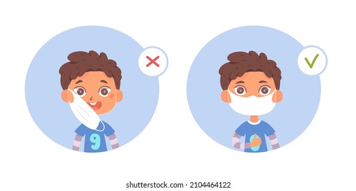 Boy wear protective face mask with proper and wrong way set of medical infographic vector illustrations. Child wearing surgical mask properly or incorrectly, showing mistake and right method