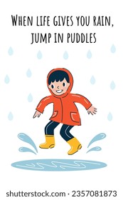A boy wear a raincoat and yellow rubber boots walks under rain. Child jump in a puddle. rain lettering.
