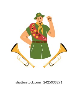 Boy wear scout uniform, red ribbon with badges and trumpet fifes. Cartoon summer camp scouts fifer character. Vector illustration of education outdoor activities isolated on white background