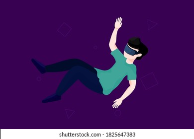 El chico usa gafas VR o casco de realidad virtual. Diseño de ilustración vectorial.