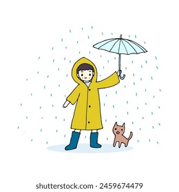 Boy wear yellow raincoat and boot holding umbrella with cat in rain, hand drawn style vector illustration