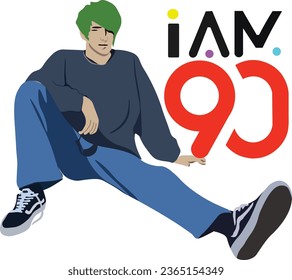 A boy wearing 90s clothing sits on his back and the words alphabet letters  I am 90's isolated on transparent background. Tshirt design of 90s era