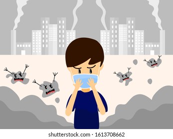 boy is wearing air pollution mask to protect from dust particulate matter PM2.5 and PM10. Smoke and Smog