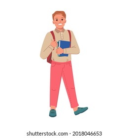 Boy wearing backpack and holding book in hands, isolated preteen personage walking to school. Lessons and classes, education and obtaining knowledge for children. Flat cartoon character vector