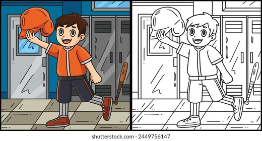 Boy Wearing Baseball Helmet Coloring Illustration