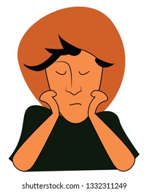 A boy wearing a big orange colored hat and a black shirt with eyes closed and hands at the chin, cartoon, vector, color drawing or illustration.