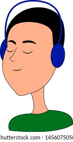Boy wearing blue headphones, illustration, vector on white background.