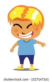 The boy wearing a blue shirt smiling happily