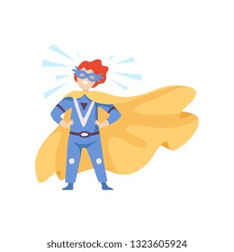 Boy Wearing Blue Superhero Costume Standing in Heroic Pose, Super Child Character in Mask and Golden Cape Vector Illustration