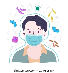 Boy wearing breath mask for protect something that cause virus, vector illustration.