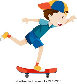 A boy wearing cap playing skateboard cartoon style isolated illustration