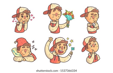 Boy Wearing Cap Showing Different Emotions Set, Male Cartoon Character with Various Face Expressions Vector Illustration