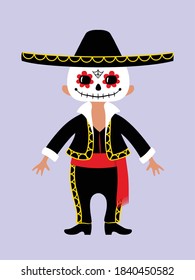 Boy wearing carnival costume for traditional Mexican holiday Dia de los Muertos (Day of the Dead). Chibi style isolated vector illustration