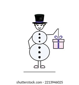 boy wearing christmas snowman costume holding gift box, black hat and snow balls, cute male character, flat vector illustration, sketch, doodle style, stickman